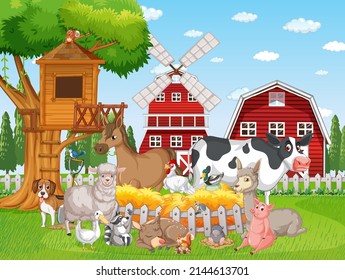 Farm Scene With Many Animals By The Barn Illustration