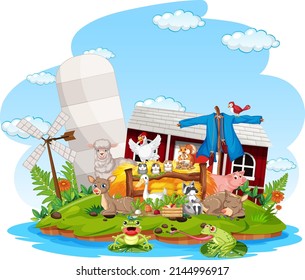 Farm scene with many animals by the barn illustration