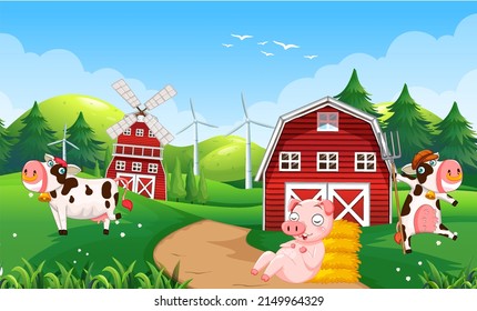 Farm scene with many animals in the field illustration