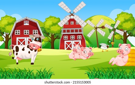 Farm Scene With Many Animals In The Field Illustration