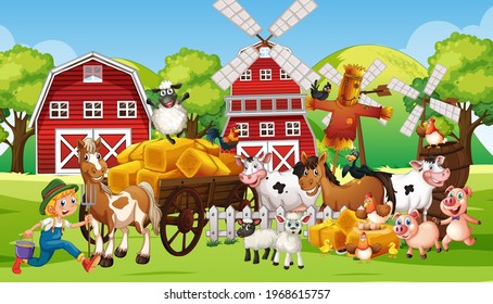 Farm scene with many farm animals illustration