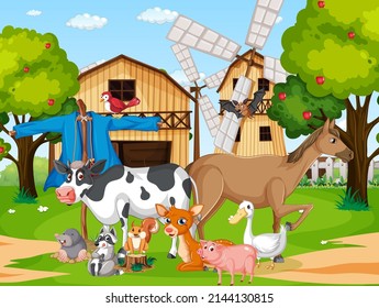 Farm Scene With Many Animals Illustration