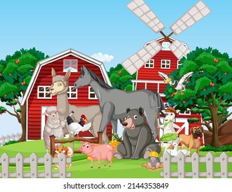 Farm scene with many animals illustration