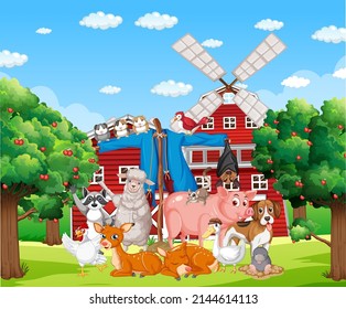 Farm Scene With Many Animals Illustration