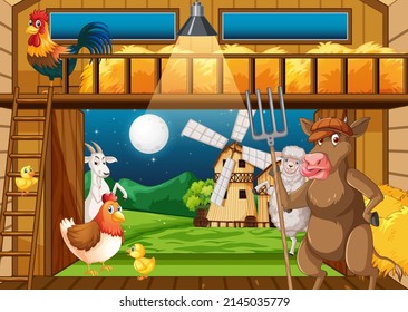 Farm scene with many animals illustration