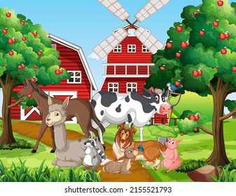 Farm Scene With Many Animals  Illustration