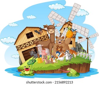 Farm scene with many animals  illustration