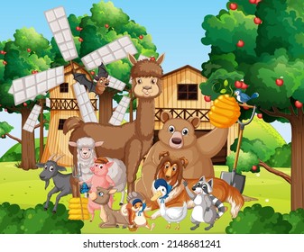 Farm scene many animals and trees illustration