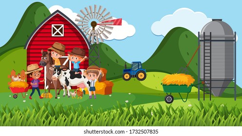 Farm scene with many children and animals on the farm illustration