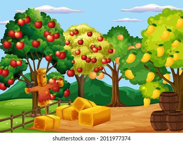 Farm scene with many different fruits trees at day time illustration