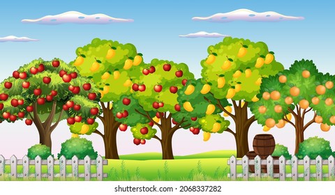 Farm scene with many different fruits trees illustration