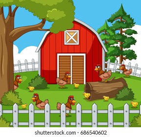 Farm scene with many hens and chicks illustration