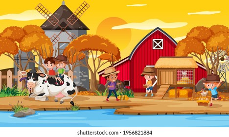 Farm scene with many kids cartoon character and farm animals illustration