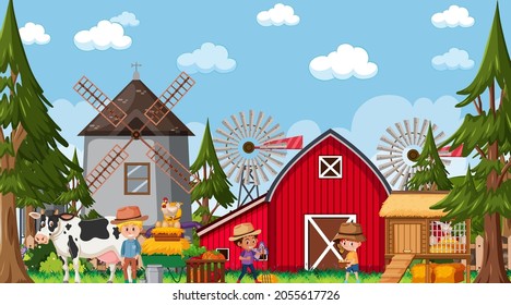 Farm scene with many kids cartoon character and farm animals illustration