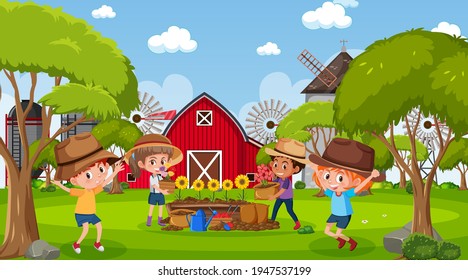 Farm scene with many kids planting flowers illustration