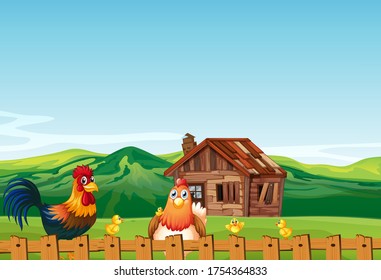Farm scene in nature with barn and chicken illustration