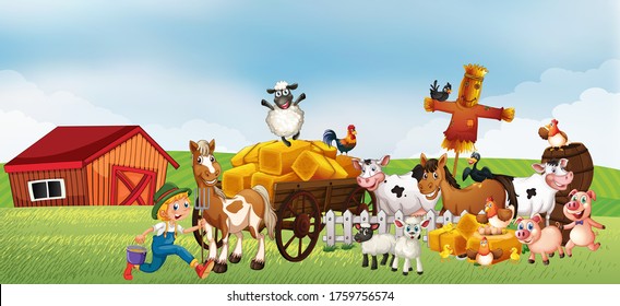 Farm scene in nature with barn and horse drawn vehicle and animal farm illustration