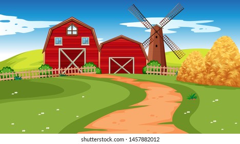 Farm scene in nature with barn illustration