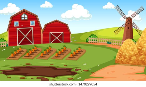 Farm scene in nature with barn illustration