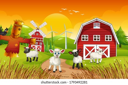 Farm scene in nature with barn and scarecrow and sheeps illustration