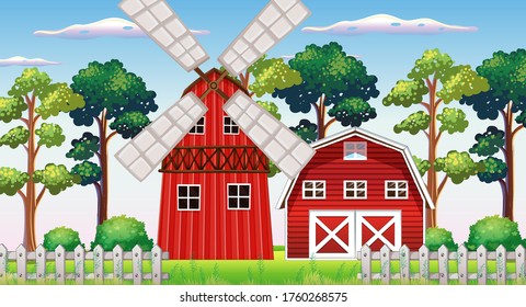 Farm scene in nature with barn and windmill illustration