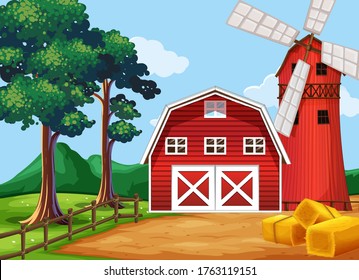 Farm scene in nature with barn and windmill illustration