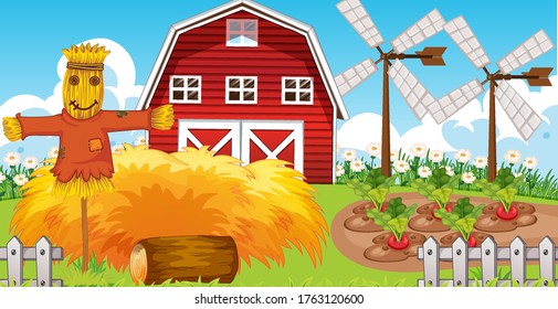 Farm scene in nature with barn and windmill and scarecrow illustration