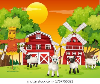 Farm scene in nature with barn and windmill and sheeps illustration