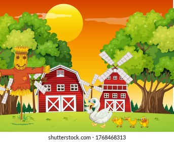 Farm scene in nature with barn and windmill and little duck illustration