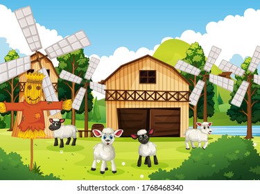 Escenario agrícola en la naturaleza con granero y molino de viento e ilustración de ovejas