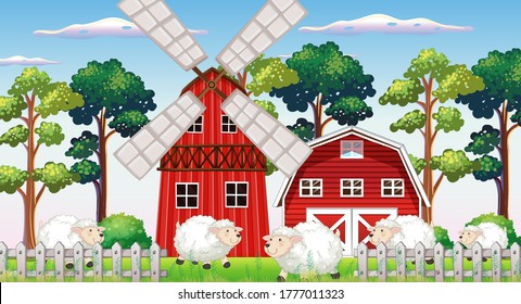 Farm scene in nature with barn and windmill and sheeps illustration