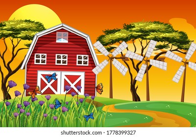 Farm scene in nature with barn and windmill illustration