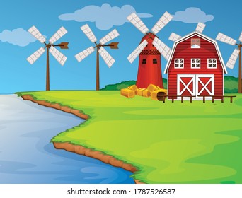 Escenario de la granja en la naturaleza, con barrena y molino de viento y ilustración del lado del río