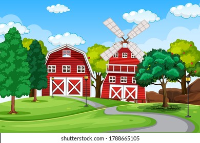 Farm scene in nature with barn and windmill illustration