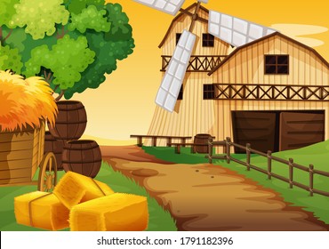 Farm scene in nature with barn and windmill illustration