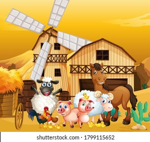 Farm scene in nature with barn and windmill and cute animal illustration