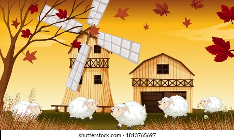 Farm scene in nature with barn and windmill and sheep in autumn season illustration