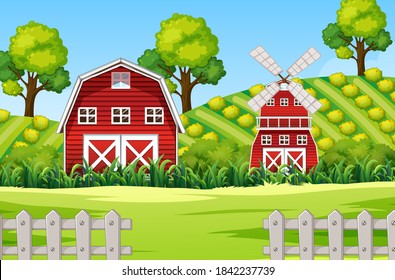 Farm scene in nature with barn and windmill illustration