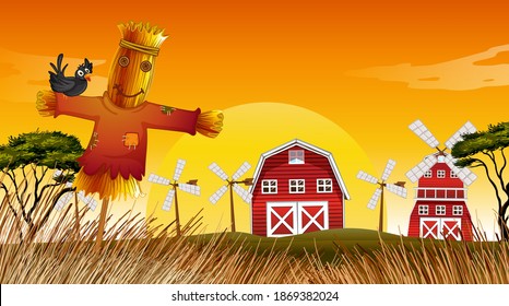 Farm scene in nature with barn and windmill and scarecrow illustration