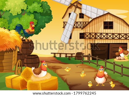 Farm scene in nature with barn and windmill and chicken illustration