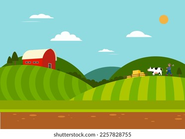 Farm scene with nature landscape.Farmer with countryside.Farmland vetor illustration