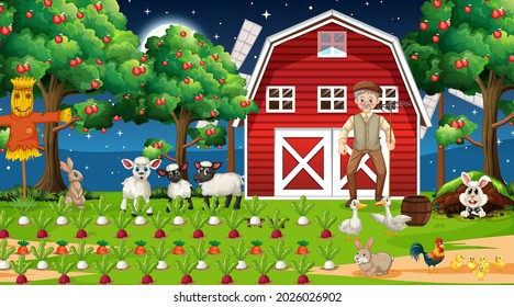 Farm scene at night with old farmer man and cute animals illustration
