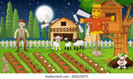 Farm scene at night with old farmer man and cute animals illustration