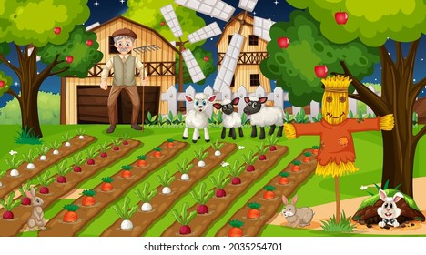 Farm scene at night with old farmer man and cute animals illustration