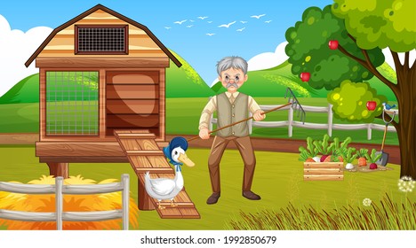 Farm scene with old farmer man and farm animals illustration