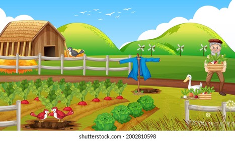 Farm scene with old farmer man and farm animals illustration