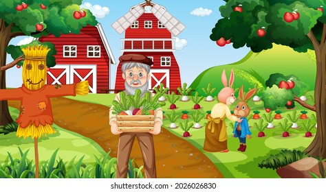 Farm scene with old farmer man and farm animals illustration