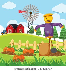 Farm scene and pumpkin patch illustration