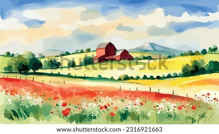 Farm scene with red barn dirt road and farm with red barn wildflowers, spring landscape. Vector illustration Farm Hill with Green Field Background, Agriculture, Cultivate, Countryside, Field, Rural