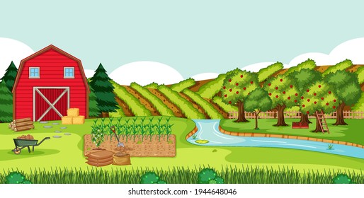 Escena de granja con granero rojo en la ilustración del paisaje de campo